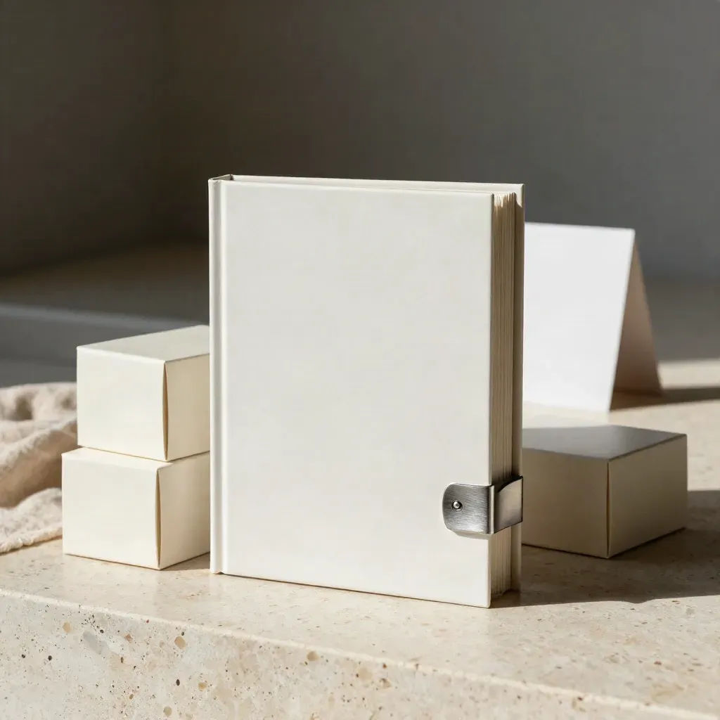 Leveranciersscan-map met sampledozen en metalen klem op travertijn, luxe productfoto