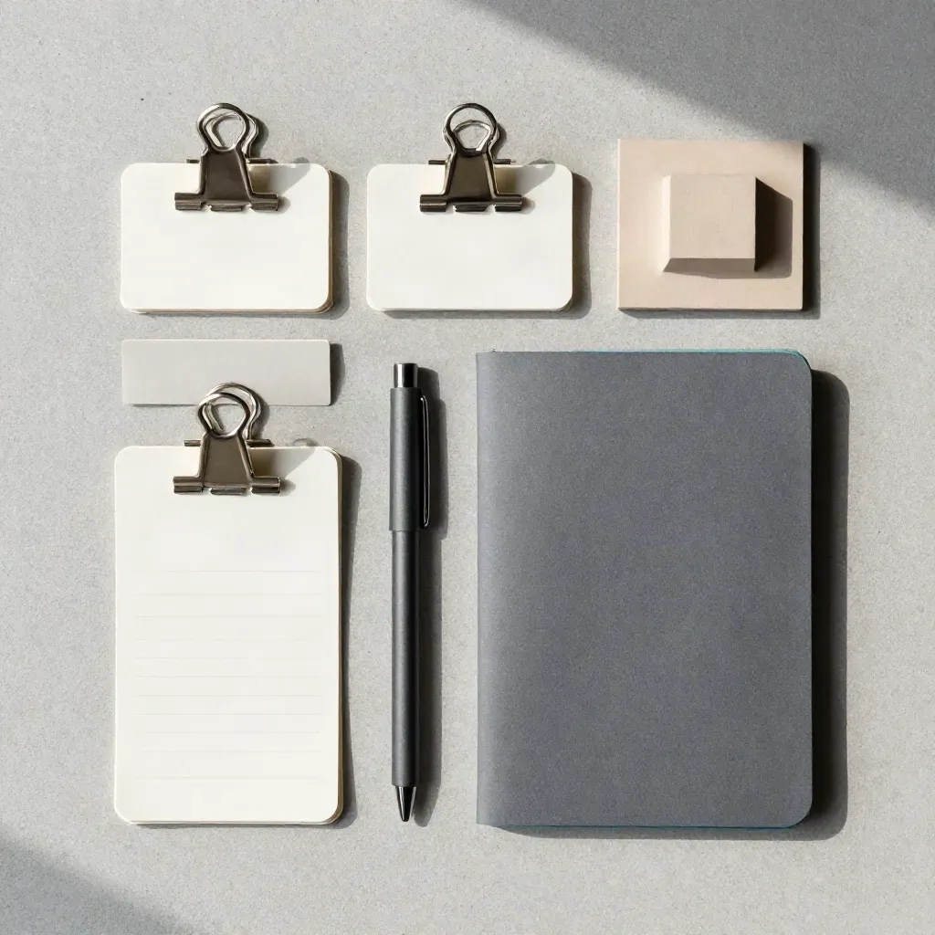 Overhead flatlay van ordercontrole-kit met tabkaarten, clips en sleeves op licht beton.